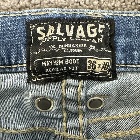 Salvage Jeans Mens 36x30 Mayhem Bootcut Distressed Rope Stitch Whiskered Denim - Picture 6 of 11